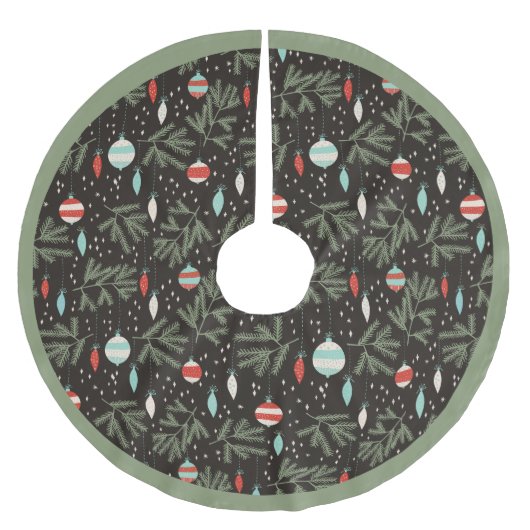 ヴィンテージのオーナメントの黒の赤くパターン（の模様が）あるなクリスマス ブラッシュドポリエステルツリースカート (正面)