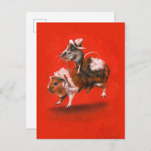 ヴィンテージのカウボーイのマウスの乗馬のモルモットの郵便はがき 案内ポストカード (正面/裏面)