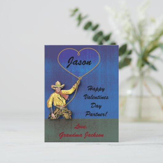 ヴィンテージのカウボーイのロマンチックなハート シーズンポストカード (スタンド正面)