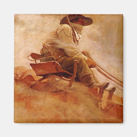 ヴィンテージのカウボーイ、NC Wyethによる鉱石ワゴン マグネット (正面)