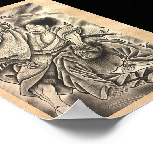 ヴィンテージのカッコいい侍はタトゥーと戦う ポスター (角)