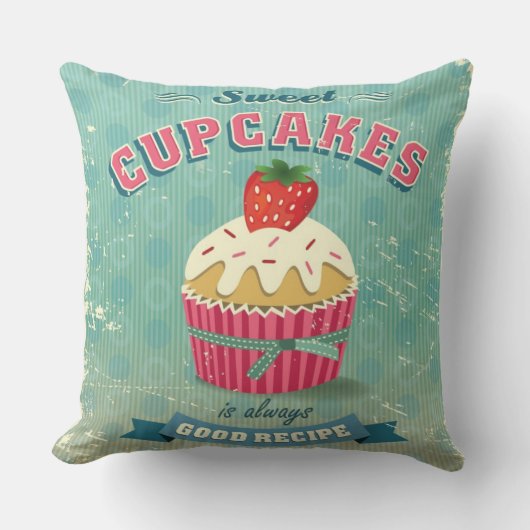 ヴィンテージのカップケーキの印のイラストレーション クッション (正面)