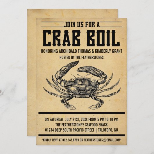 ヴィンテージのカニの沸騰パーティの招待状 招待状 (正面/裏面)