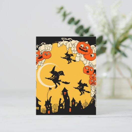 ヴィンテージのカボチャランタンと空飛ぶ魔女たち ポストカード (スタンド正面)