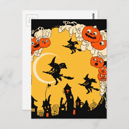 ヴィンテージのカボチャランタンと空飛ぶ魔女たち ポストカード (正面/裏面)