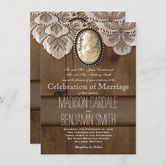 ヴィンテージのカメオのブローチのレース木結婚式招待状 招待状 (正面/裏面)