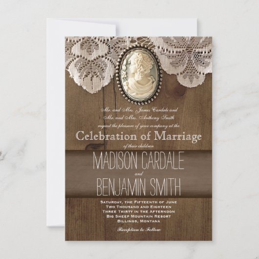 ヴィンテージのカメオのブローチのレース木結婚式招待状 招待状 (正面)