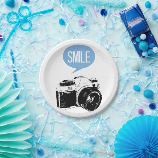 ヴィンテージのカメラ、スマイルの文字の気球、カメラマン ペーパープレート (パーティー)