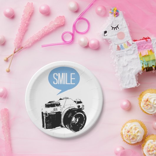 ヴィンテージのカメラ、スマイルの文字の気球、カメラマン ペーパープレート (パーティー)