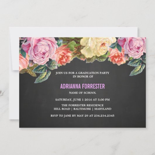ヴィンテージのカラフルなバラの黒板の卒業パーティー 招待状 (正面)