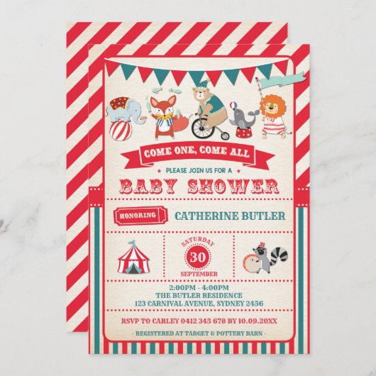 ヴィンテージのカーニバルのサーカスの動物のベビーシャワーの招待 招待状 (正面/裏面)