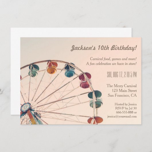 ヴィンテージのカーニバルの観覧車の子供の誕生日のパーティー 招待状 (正面/裏面)