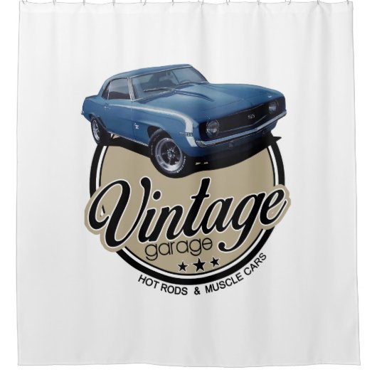 ヴィンテージのガレージの青Camaro シャワーカーテン (正面)