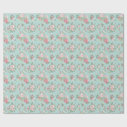 ヴィンテージのガーリーなぼろぼろのシックな花のティール（緑がかった色）のピンク ラッピングペーパー (フラット)
