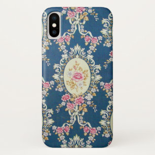 ヴィンテージのガーリーな濃紺のピンクの白い花パターン iPhone X ケース