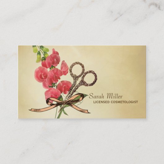 ヴィンテージのガーリーな美容師の花のはさみのピンク 名刺 (正面)