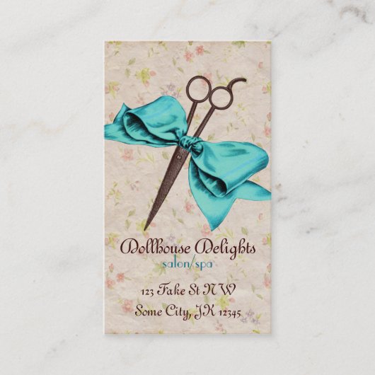 ヴィンテージのガーリーな美容師の青い弓花柄のせん断 ロイヤリティカード (正面)