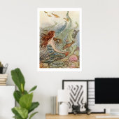 ヴィンテージのガーリー海の下の美しい人魚 ポスター (ホームオフィス)