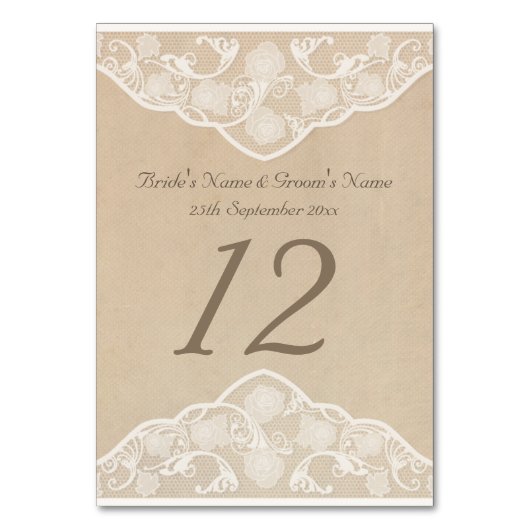 ヴィンテージのキャンバスおよびレースの一見の結婚式のテーブル数 テーブルナンバー (正面)