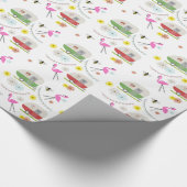 ヴィンテージのキャンピングカー及びピンクのフラミンゴの包装紙 ラッピングペーパー (角)