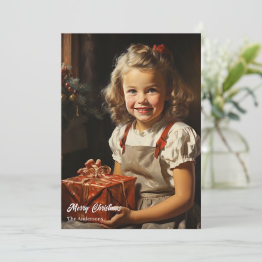 ヴィンテージのキュートな女の子とクリスマスプレゼント シーズンカード (スタンド正面)
