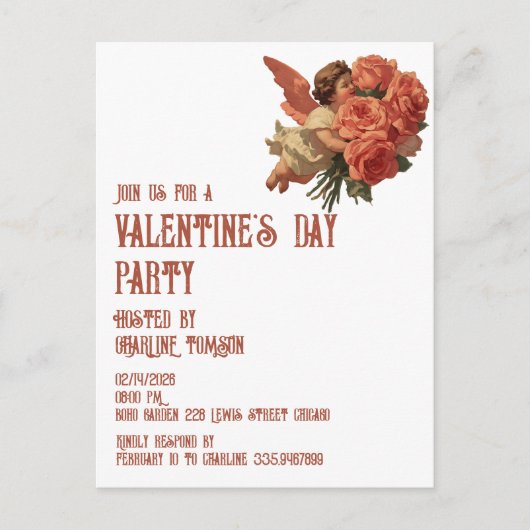 ヴィンテージのキューピッドとバラの花束 インビテーションポストカード (正面)