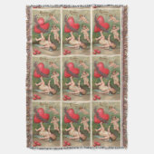 ヴィンテージのキューピッドの天使の赤いハートのバレンタインの郵便はがき スローブランケット (正面縦)