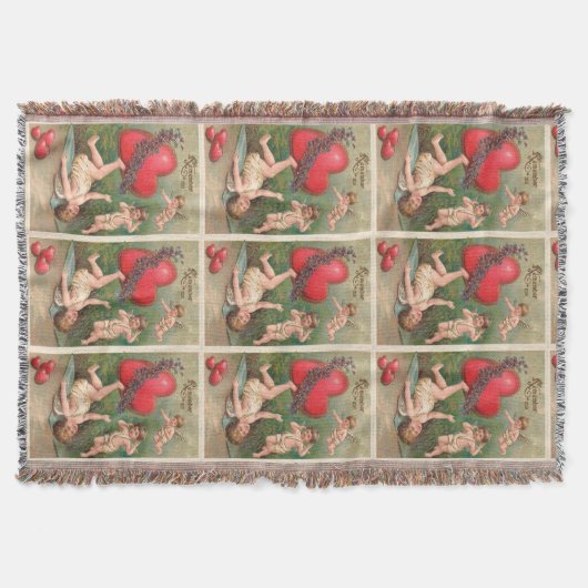 ヴィンテージのキューピッドの天使の赤いハートのバレンタインの郵便はがき スローブランケット (正面)