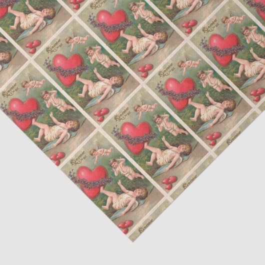 ヴィンテージのキューピッドの天使の赤いハートのバレンタインの郵便はがき 薄葉紙 (詳細)