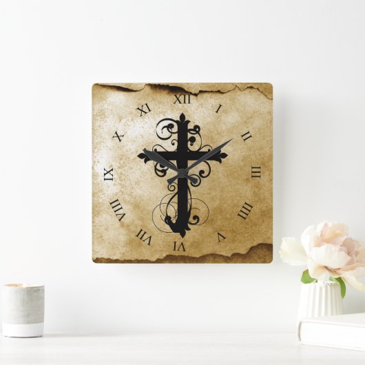 ヴィンテージのキリスト教の渦巻く十字 スクエア壁時計 (ホーム)