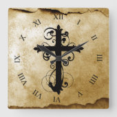 ヴィンテージのキリスト教の渦巻く十字 スクエア壁時計 (正面)