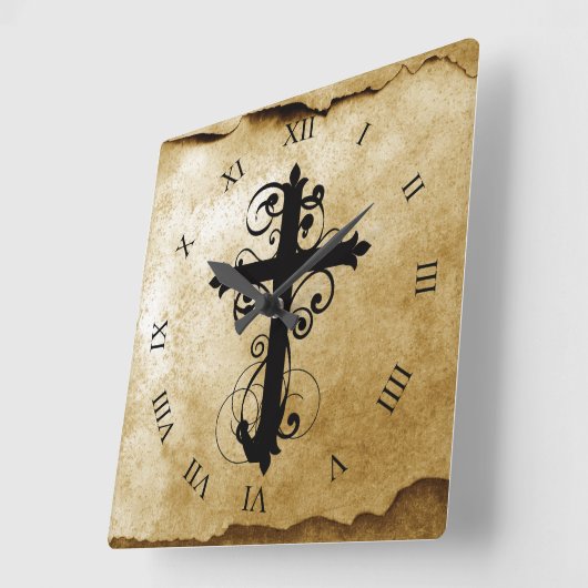 ヴィンテージのキリスト教の渦巻く十字 スクエア壁時計 (傾斜)