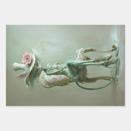 ヴィンテージのギャツビー猫セージグリーンデコパージュ ラッピングペーパーシート (正面2)