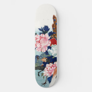 ヴィンテージのクジャクとボタン模様の花の絵 スケートボード