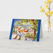 ヴィンテージのクリスマスうさぎがクリスマスを眺める カード (黄色い花)
