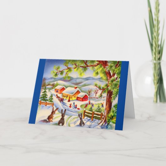 ヴィンテージのクリスマスうさぎがクリスマスを眺める カード (正面)