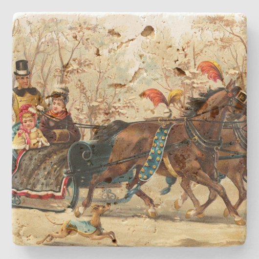 ヴィンテージのクリスマスのそりの乗車 ストーンコースター (正面)