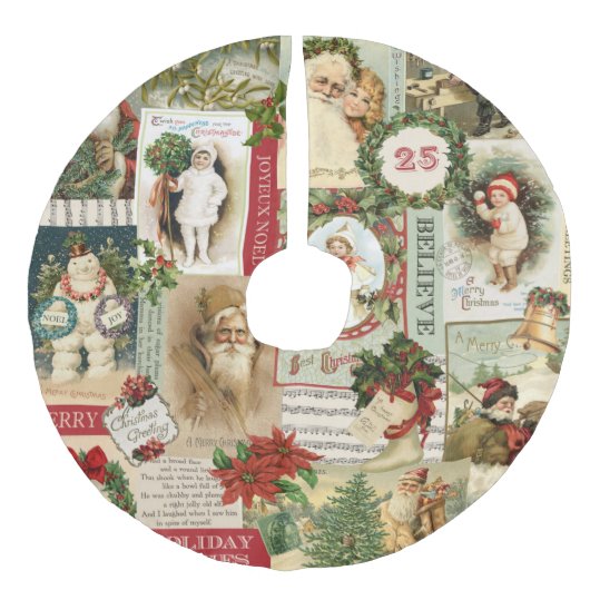 ヴィンテージのクリスマスのコラージュ フェイクリネンツリースカート (正面)