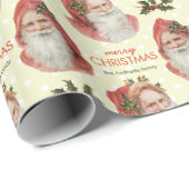 ヴィンテージのクリスマスのサンタのヒイラギのベージュパーソナライズ ラッピングペーパー (ロールコーナー)