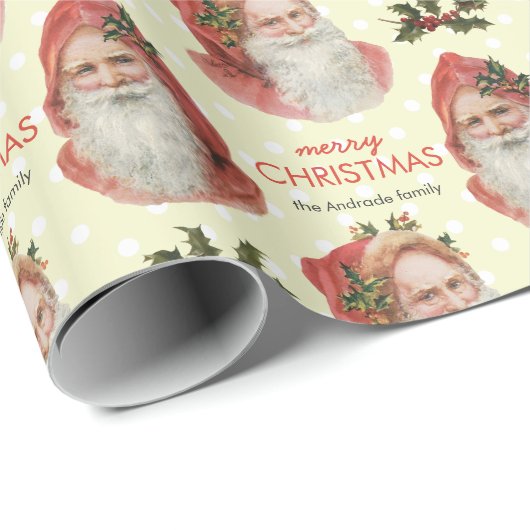 ヴィンテージのクリスマスのサンタのヒイラギのベージュパーソナライズ ラッピングペーパー (ロールコーナー)