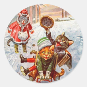 ヴィンテージのクリスマスのステッカー、アーサーThiele猫 ラウンドシール