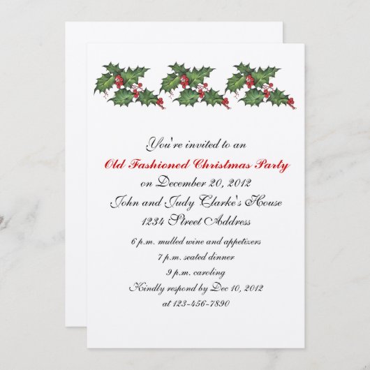 ヴィンテージのクリスマスのパーティの招待状のヒイラギ 招待状 (正面/裏面)