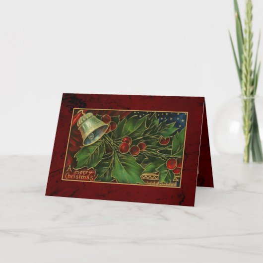 ヴィンテージのクリスマスのヒイラギおよび鐘 シーズンカード (正面)