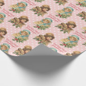 ヴィンテージのクリスマスのヒイラギのかわいい女の子のピンクの水玉模様 ラッピングペーパー (角)