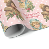 ヴィンテージのクリスマスのヒイラギのかわいい女の子のピンクの水玉模様 ラッピングペーパー (ロールコーナー)