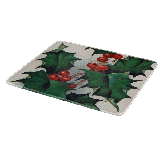 ヴィンテージのクリスマスのヒイラギのガラスまな板 カッティングボード (角)