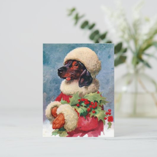 ヴィンテージのクリスマスのヒイラギのダックスフントの郵便はがき シーズンポストカード (スタンド正面)