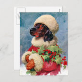 ヴィンテージのクリスマスのヒイラギのダックスフントの郵便はがき シーズンポストカード (正面/裏面)