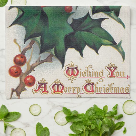 ヴィンテージのクリスマスのヒイラギの台所タオル キッチンタオル (折り畳み)
