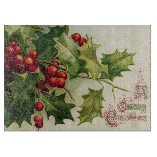 ヴィンテージのクリスマスのヒイラギの果実のガラスまな板 カッティングボード (正面)